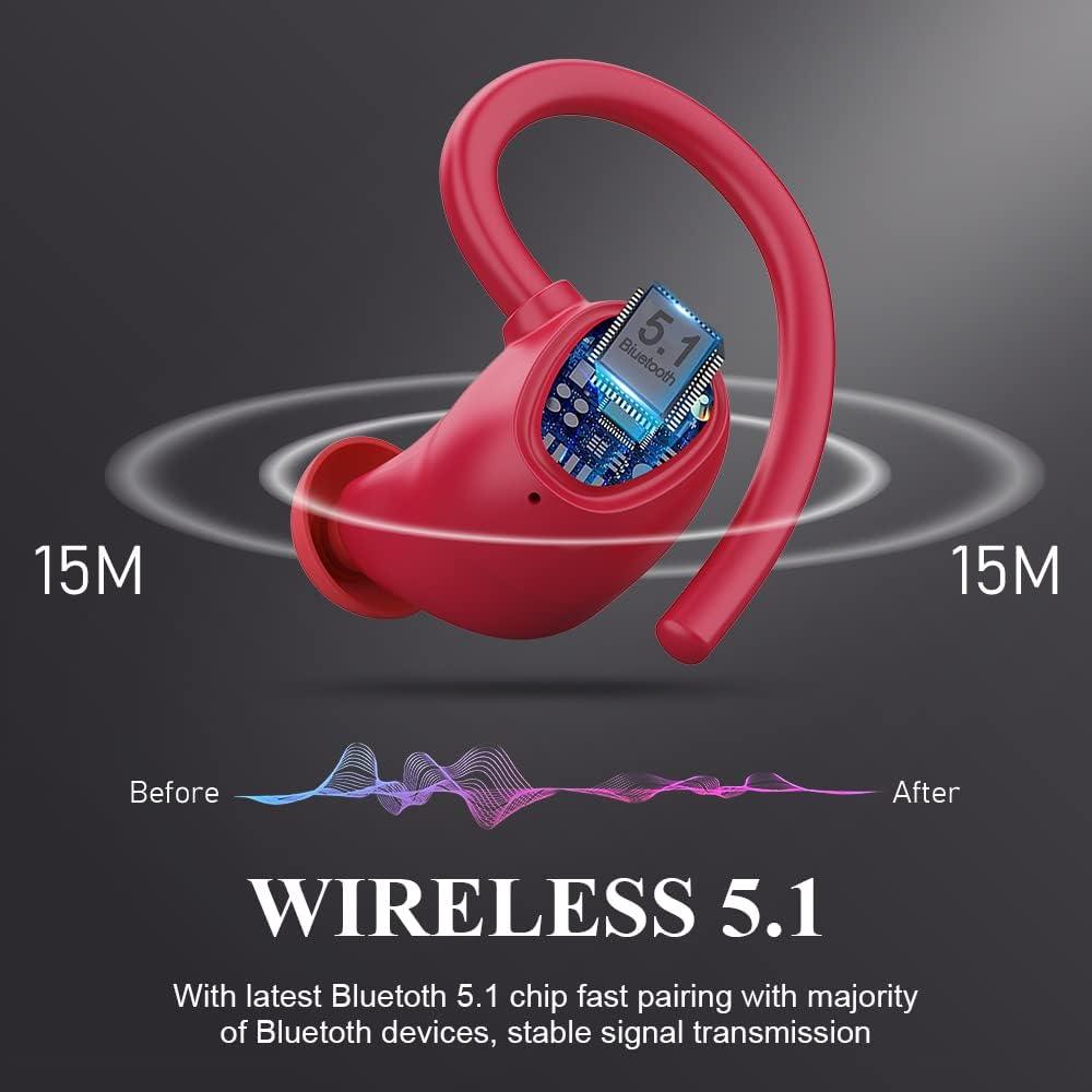 Wireless Earbuds Bluetooth 5.1 Headphones with Mic IP7 Waterproof Red - Massive Discounts