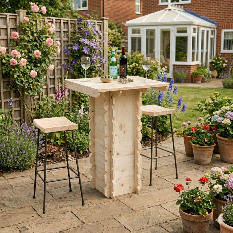 Outdoor patio setup with wooden bar table, stools, and potted plants in a garden.