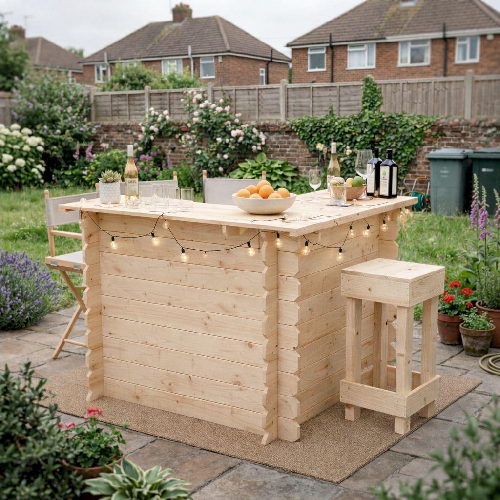 Wooden outdoor bar set up in a garden with drinks and snacks.