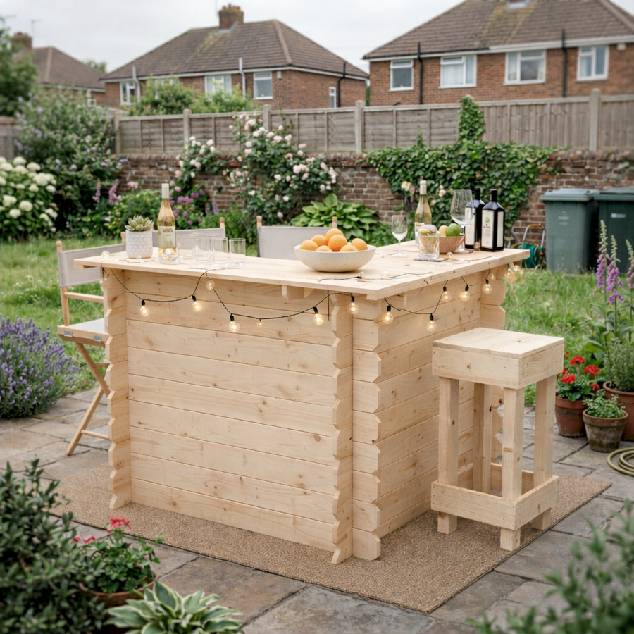 Wooden outdoor bar set up in a garden with drinks and snacks.