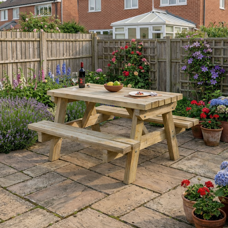 Wooden picnic table with benches on a patio, surrounded by flowers and plants.
