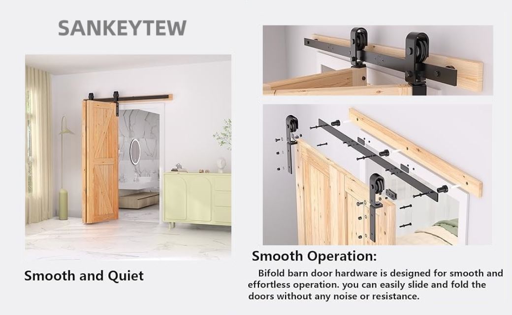 Bifold barn door hardware system with smooth operation features on a white background.