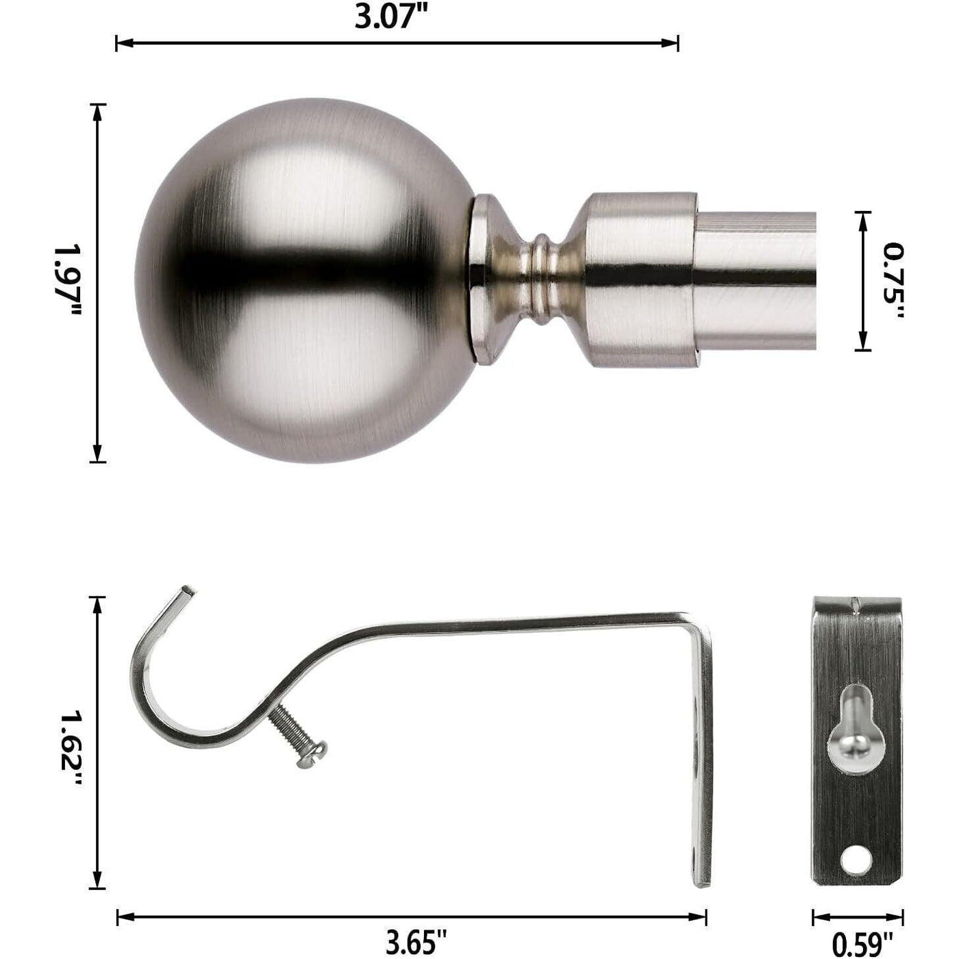 Curtain Poles 120-300cm Metal Plain ball finials Extendable Satin Nickel - Massive Discounts