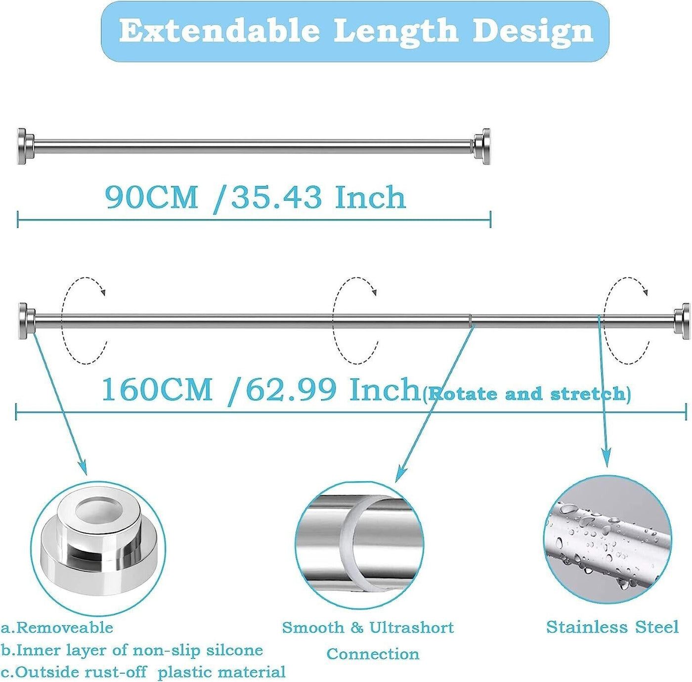 Extendable Shower Curtain 90-160CM Rail Stainless Steel for Bathroom - Massive Discounts