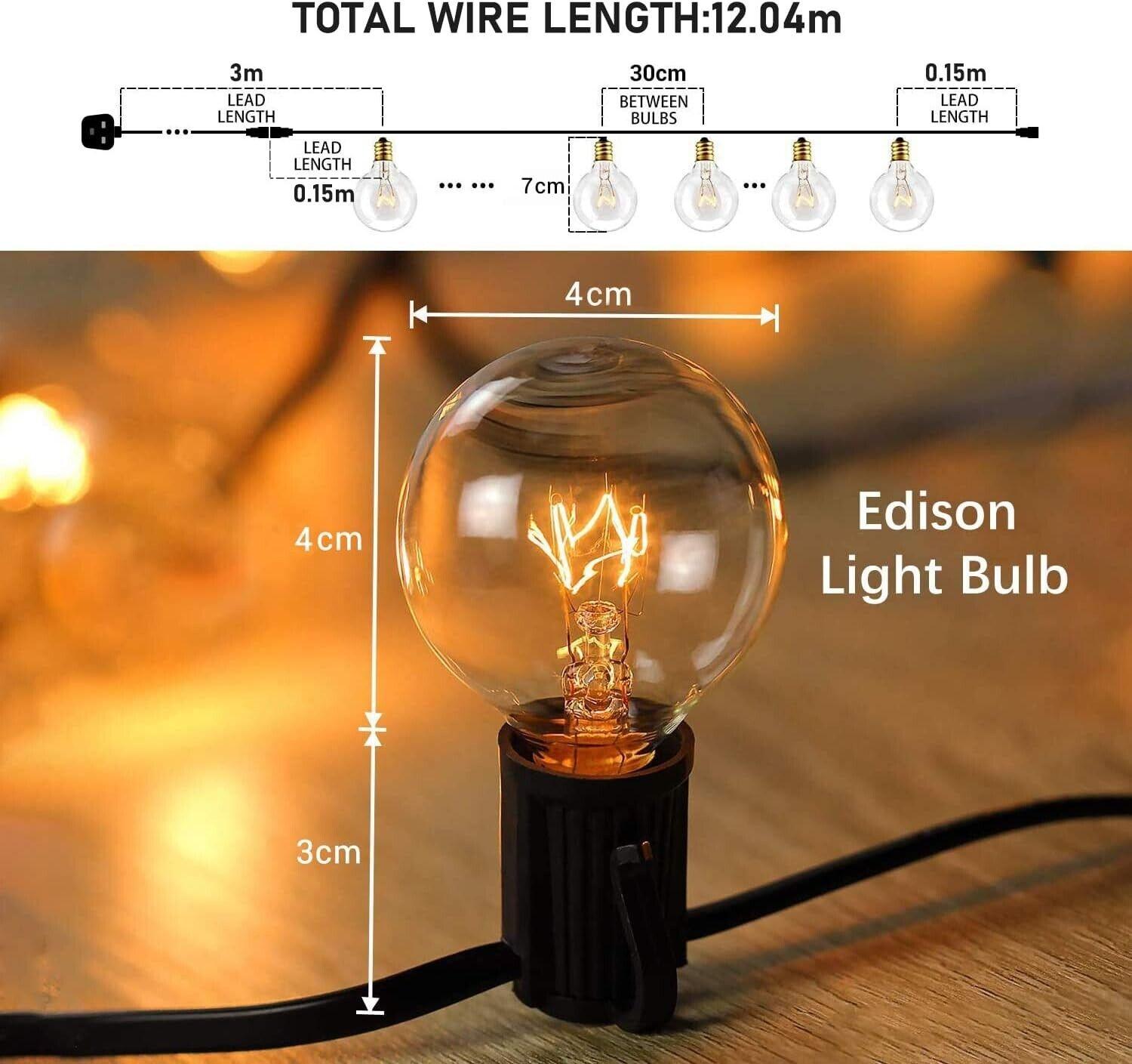 Outdoor Garden String Lights 33ft/10m 30+2 Incandescent Bulbs Globe - Massive Discounts