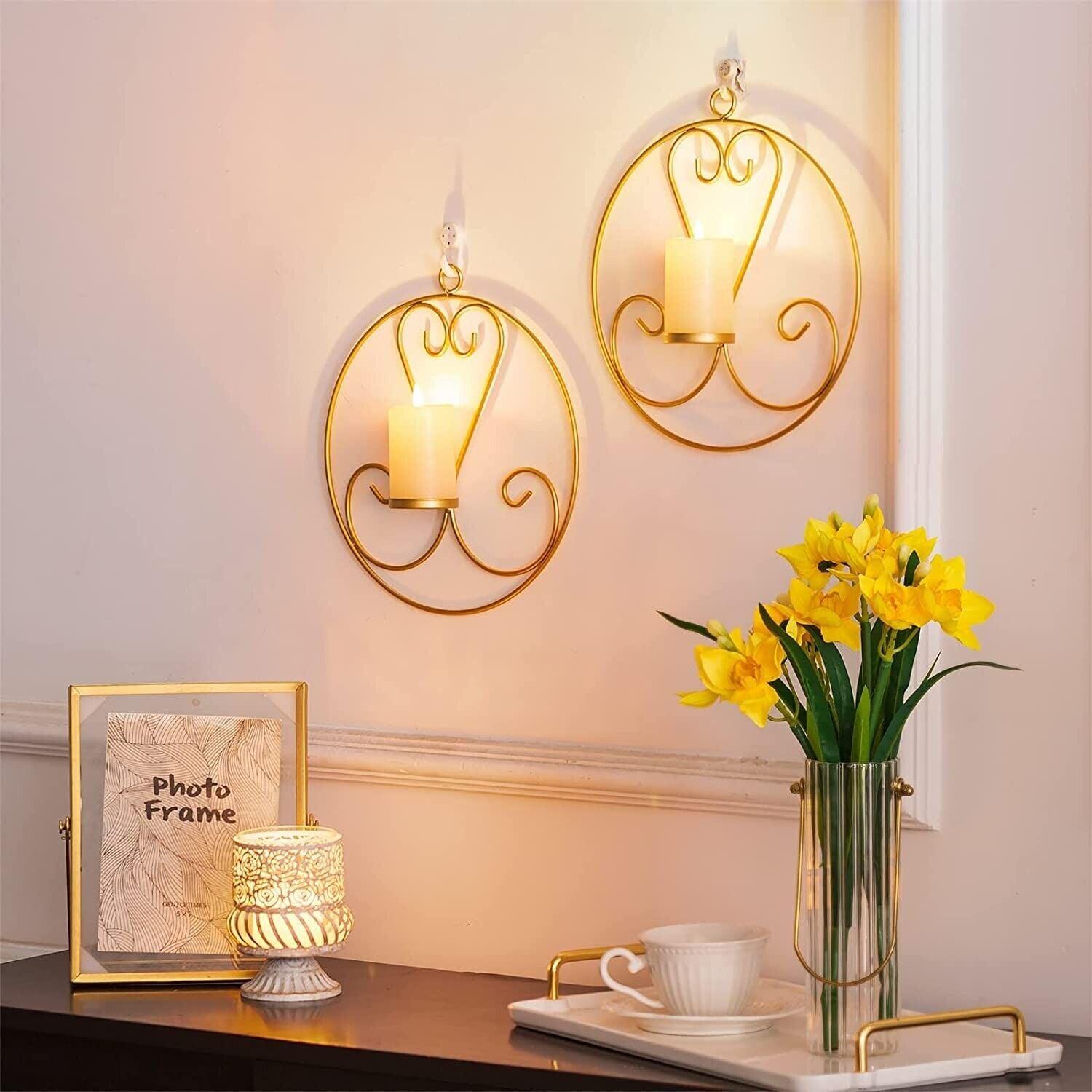 Round Wall Mounted Candle Holders Set of 2 Gold Candle Sconces - Massive Discounts