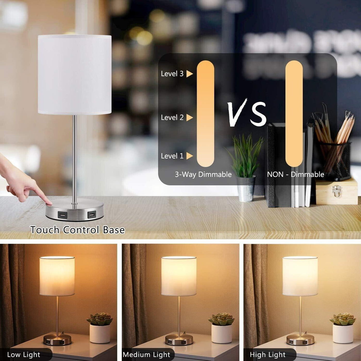 Table Lamp with 2 USB Charging Ports, Touch Control, 3 Way Dimmable - Massive Discounts