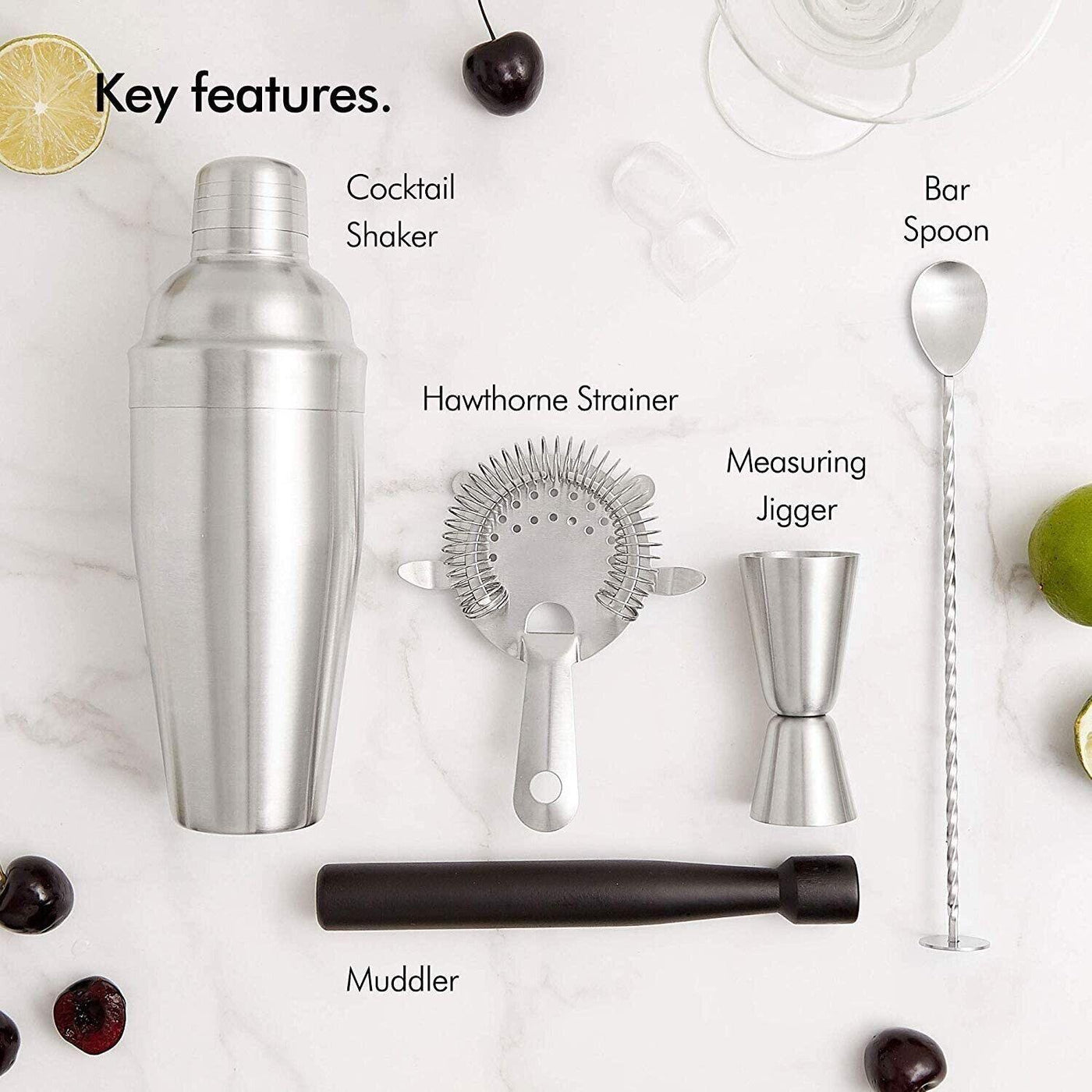 VonShef Silver Cocktail Making Set 5pc Manhattan Cocktail Shaker - Massive Discounts